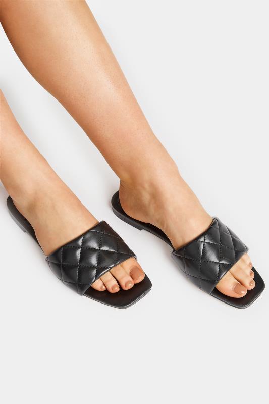 Tall  LTS Black Quilted Square Flat Mules In Standard Fit