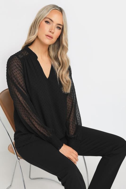 Tall  LTS Tall Black Dobby Spot Long Sleeve Blouse