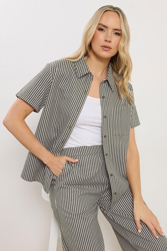 LTS Tall Women's Set Olive Green Stripe Button Cotton Shirt & Trousers | Long Tall Sally 4