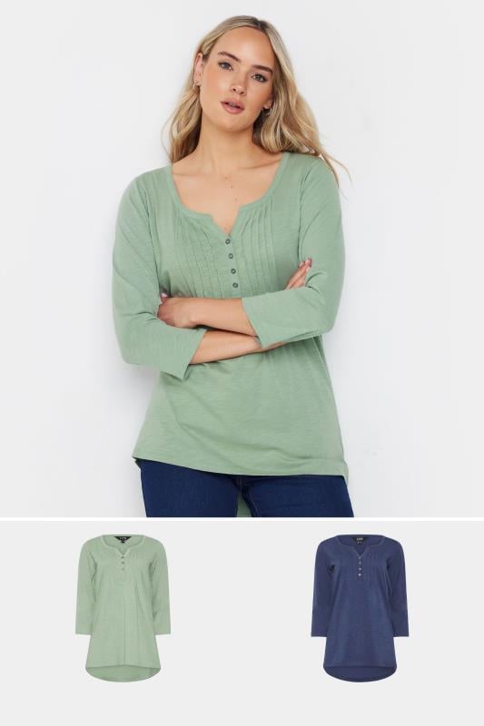 LTS 2 PACK Tall Womens Navy Blue & Sage Green Cotton Henley Tops | Long Tall Sally 1