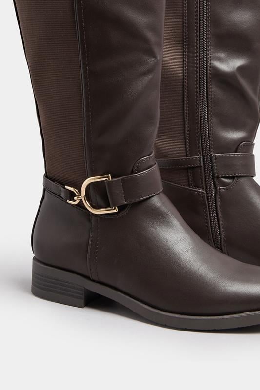Brown Buckle Stretch Back Knee High Boots In Standard Fit | Yours Clothing 5