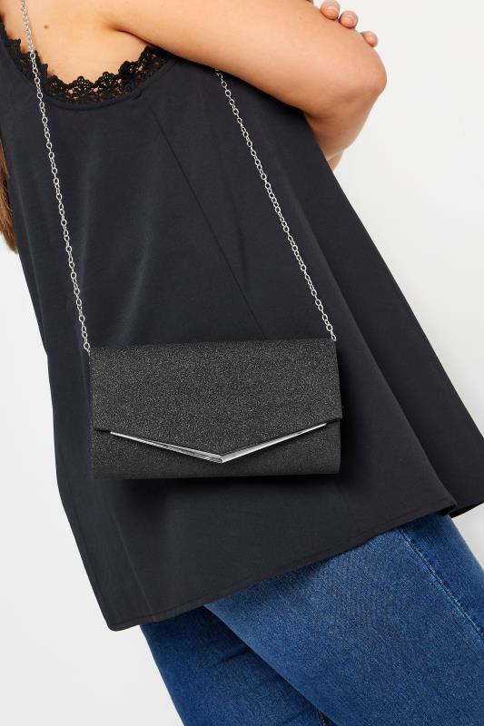 Plus Size  Yours Black Glitter Silver Tone Clutch Bag