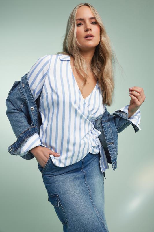 Tall  LTS Tall Blue & White Stripe Collared Wrap Top