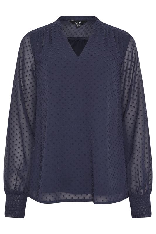 LTS Tall Women's Navy Blue Dobby Spot Shirred Cuff Top | Long Tall Sally 1