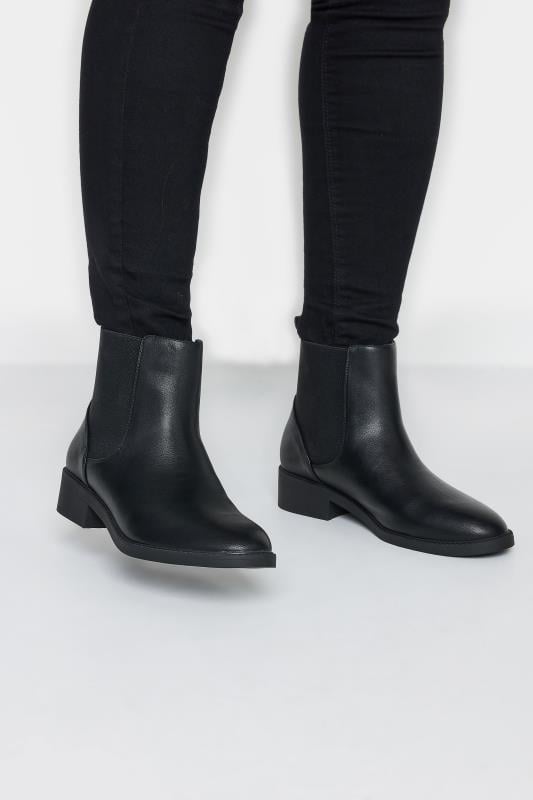 Black Faux Leather Elasticated Chelsea Boots In Wide E Fit