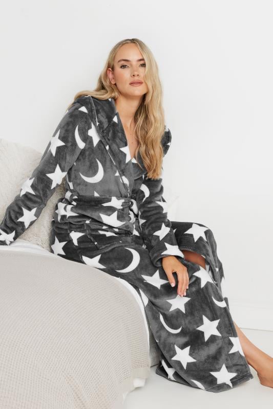 LTS Tall Grey Star & Moon Print Hooded Dressing Gown | Long Tall Sally 1