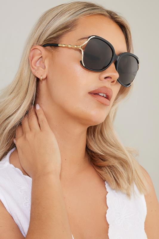 Black Teardrop Metal Arm Sunglasses | Yours Clothing 1