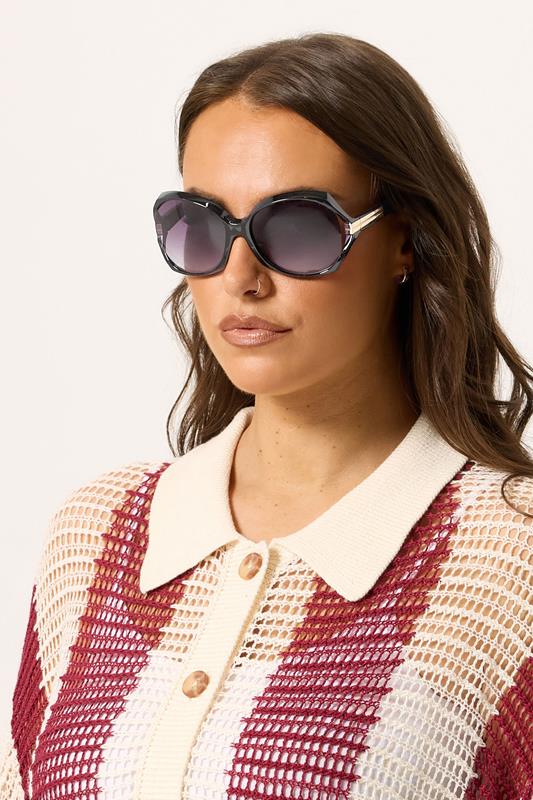 Black Metallic Arm Oversized Sunglasses | Yours Clothing 1
