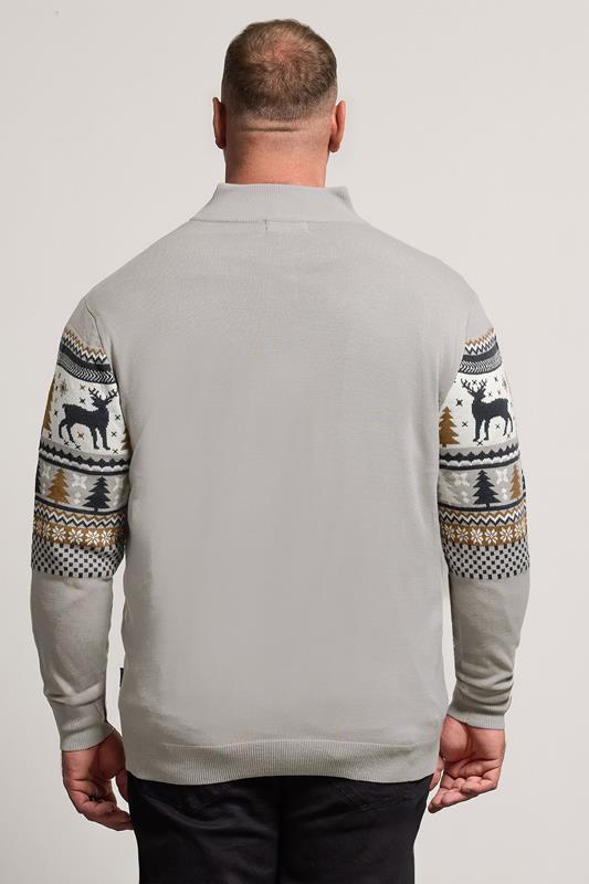 BadRhino Big & Tall Grey Fairisle Deer Quarter Zip Knitted Jumper | BadRhino 5