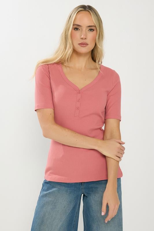 Tall  LTS Tall Coral Pink Ribbed Short Sleeve Henley Top