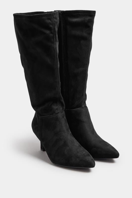 Black Faux Suede Knee High Pointed Boots In Extra Wide EEE Fit | Yours Clothing  2