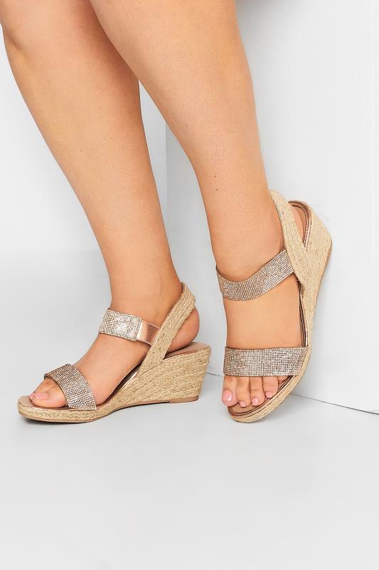 Plus Size  Yours Rose Gold Diamante Embellished Espadrille Wedges In Wide E Fit & Extra Wide EEE Fit