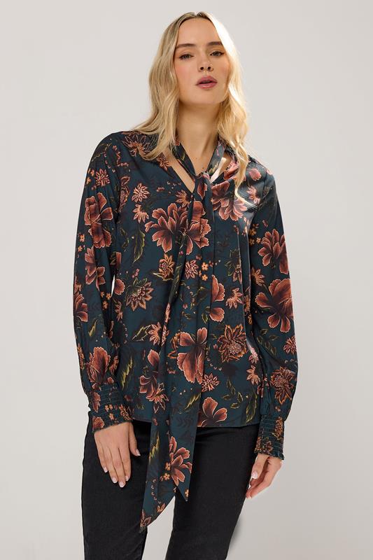 Tall  LTS Tall Navy Blue Floral Tie Neck Blouse