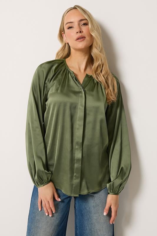 LTS Tall Women's Khaki Green Satin Button Top | Long Tall Sally 1