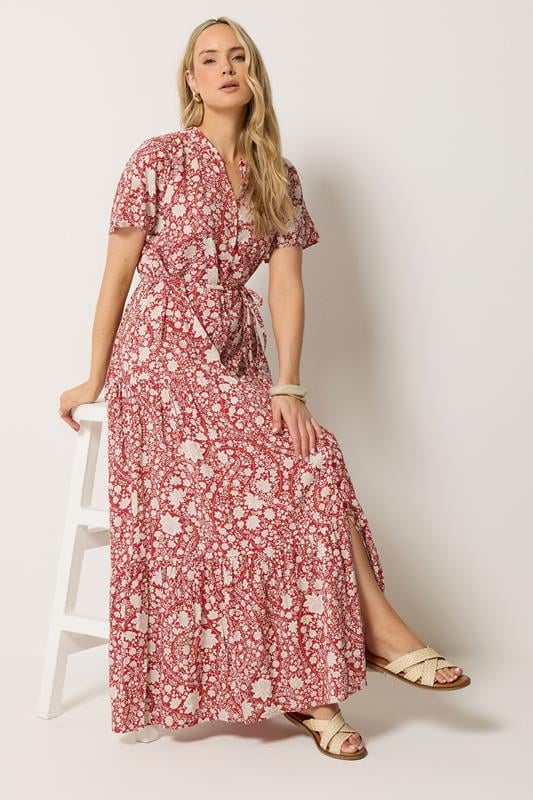LTS Tall Women's Berry Red Floral Tie Waist Maxi Dress | Long Tall Sally