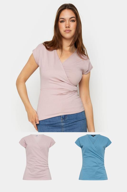LTS Tall Women's 2 PACK Pink & Blue Short Sleeve Wrap Tops | Long Tall Sally 1