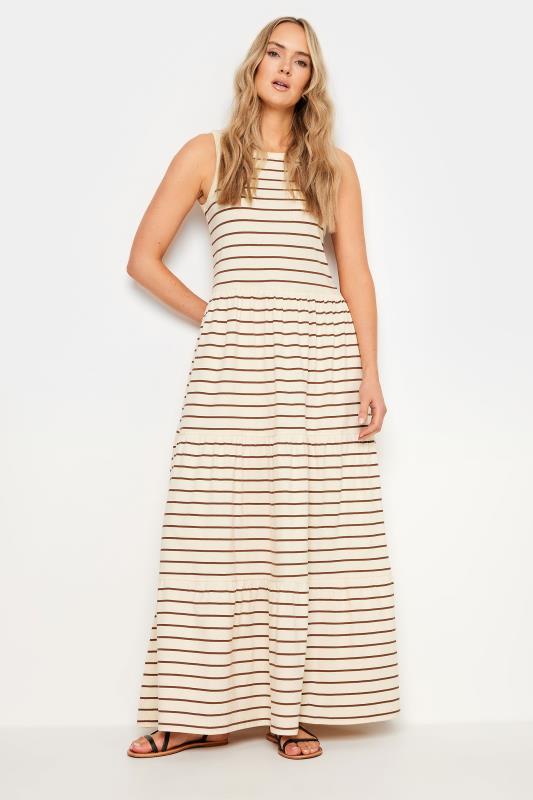 LTS Tall Natural Brown Striped Tiered Sleeveless Maxi Dress | Long Tall Sally  1