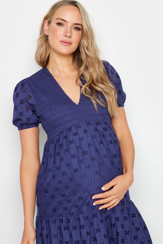 LTS Tall Maternity Navy Blue Broderie Anglaise Tiered Midaxi Dress | Long Tall Sally 4