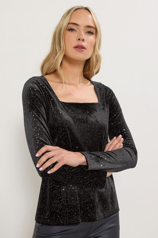 Tall  LTS Tall Black Velvet Glitter Square Neck Top