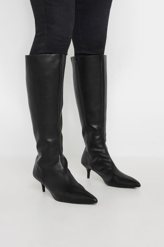 LTS Black Faux Leather Knee High Heeled Boots In Standard Fit Long Tall Sally