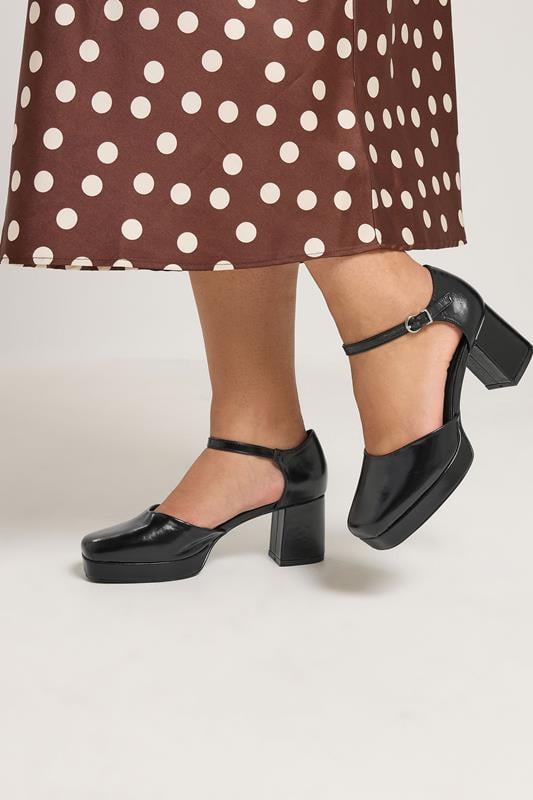  Yours Black Faux Leather Platform Block Heels In Extra Wide EEE Fit