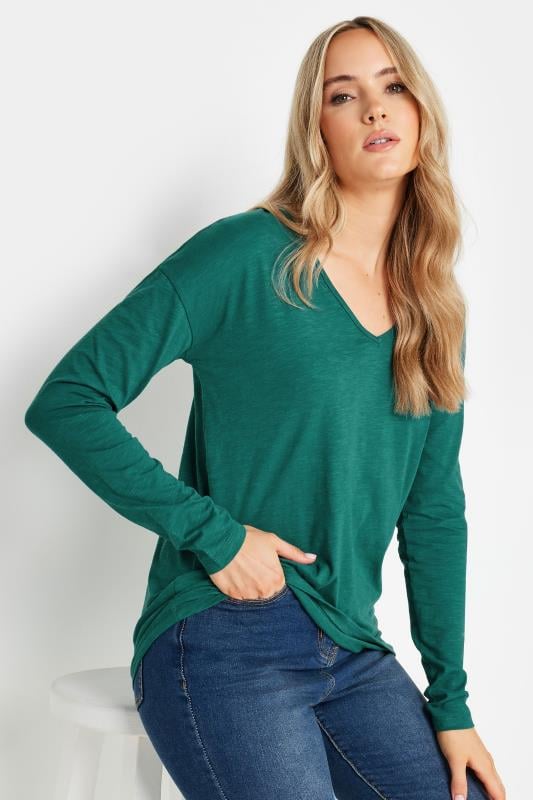 LTS Tall Dark Green V Neck Long Sleeve Cotton T Shirt Long Tall Sally