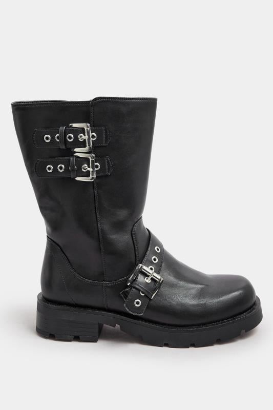 Black Faux Leather Biker Calf Boots In Extra Wide EEE Fit | Yours Clothing  3