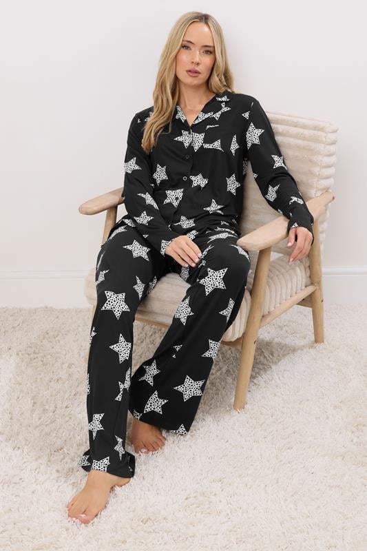 LTS Tall Black Soft Touch Star Pyjama Set | Long Tall Sally 1