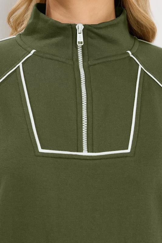 LTS Tall Women's Khaki Green Pipe Detail Quarter Zip Sweatshirt | Long Tall Sally 4