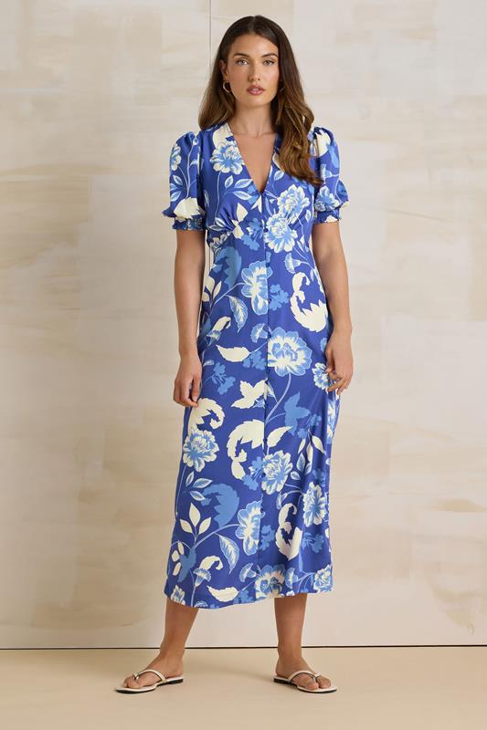 LTS Tall Blue Floral Puff Sleeve Midi Tea Dress | Long Tall Sally 1