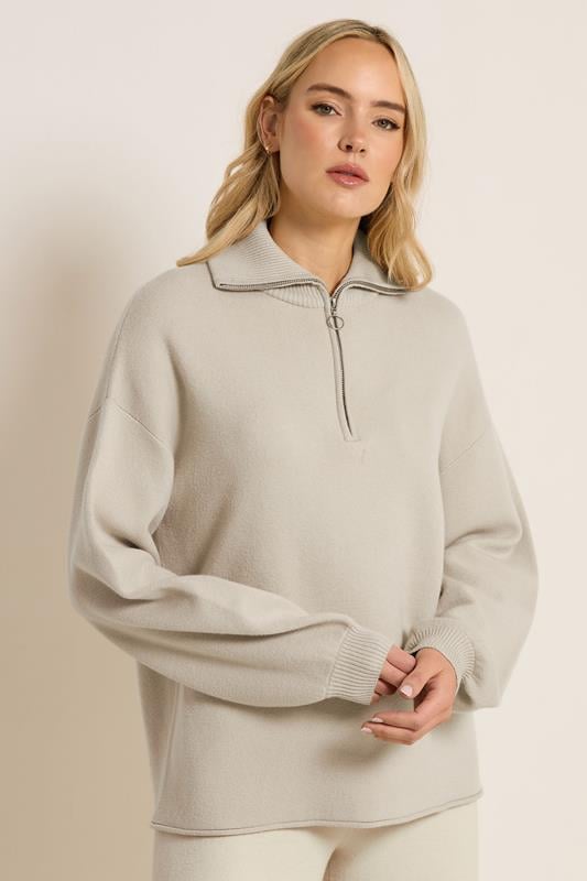 LTS PREMIUM Tall Beige Brown Half Zip Knitted Jumper | Long Tall Sally 1