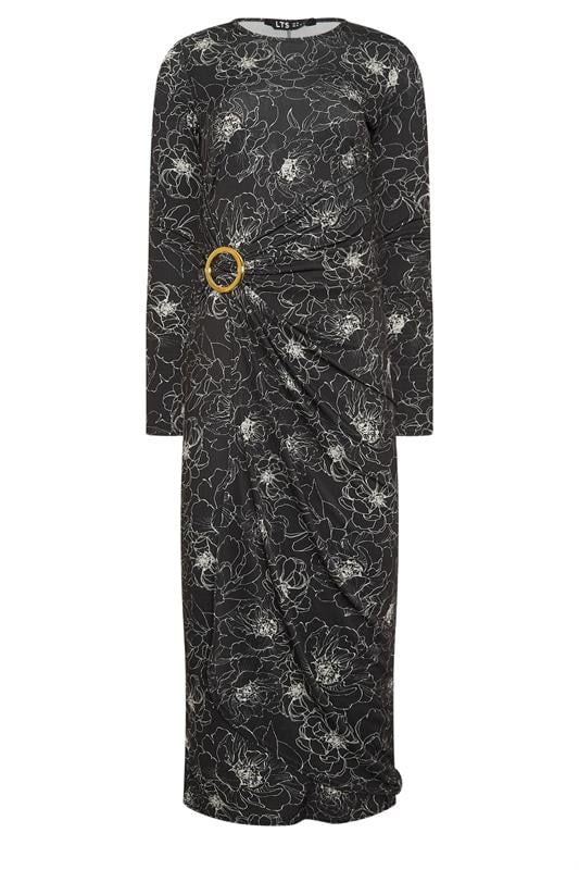Tall  LTS Tall Black Floral Jersey Drape Long Sleeve Buckle Dress