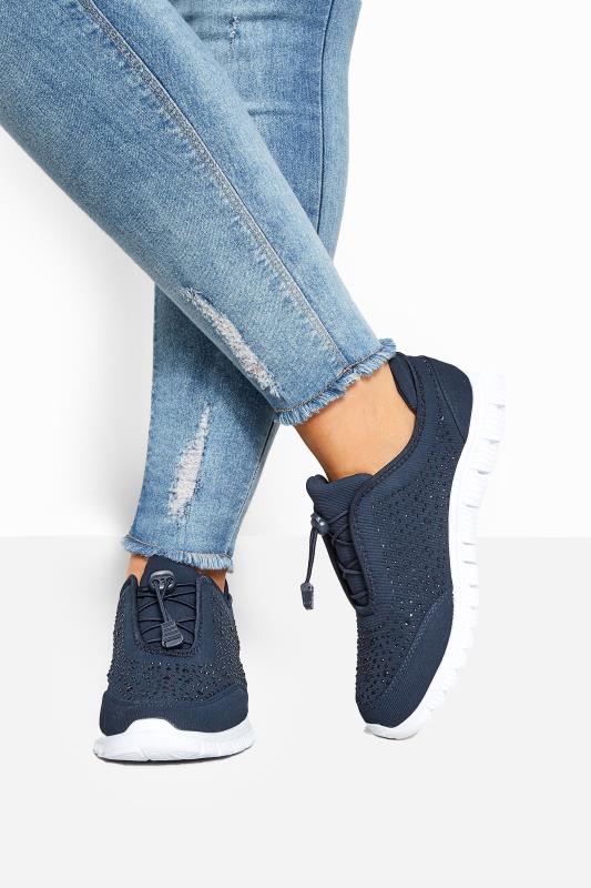 Extra Wide Fit Navy Blue Embellished Trainers In EEE Fit | Yours Clothing 1