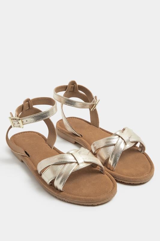 Yours Gold Faux Leather Cross Over Sandals In Extra Wide EEE Fit