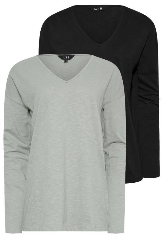 LTS Tall Light Grey & Black V-Neck Long Sleeve Cotton T-Shirt | Long Tall Sally 5