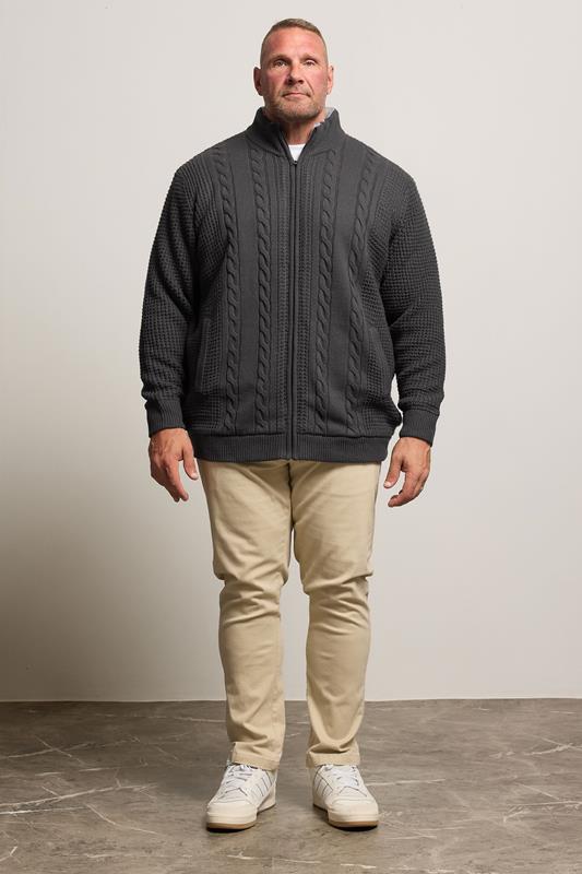 BadRhino Big & Tall Charcoal Grey Sherpa Lined Zip Through Cable Jumper | BadRhino 2
