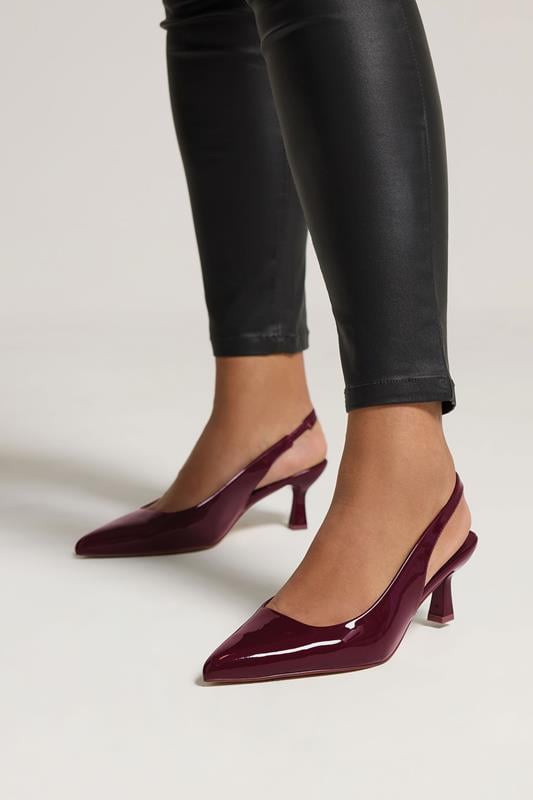 Burgundy Red Patent Slingback Kitten Heels In Extra Wide EEE Fit | Yours Clothing 1