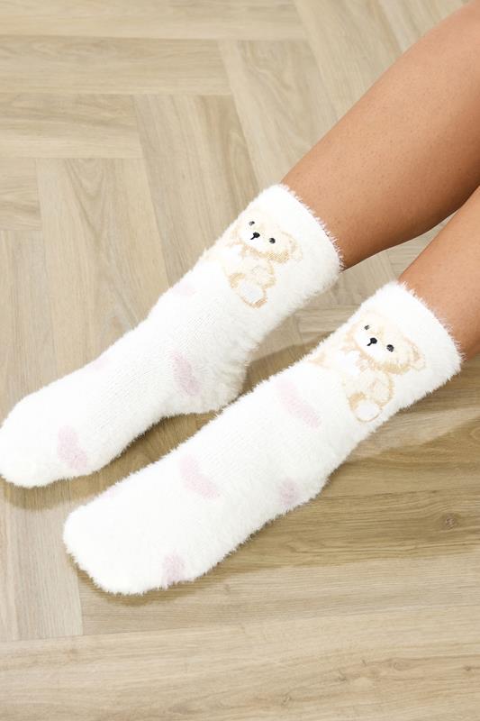 2 PACK White & Pink Teddy Bear Fluffy Bed Socks | Yours Clothing 3