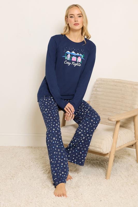 LTS Tall Navy Blue 'Cosy Nights' Slogan Wide Leg Pyjama Set | Long Tall Sally 2