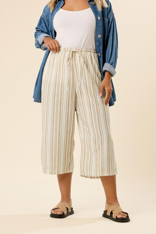 Plus Size  YOURS Curve Natural Brown Stripe Linen Look Culottes