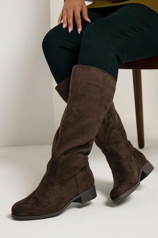 Plus Size  Yours Brown Faux Suede Stretch Knee High Boots In Wide E Fit & Extra Wide EEE Fit