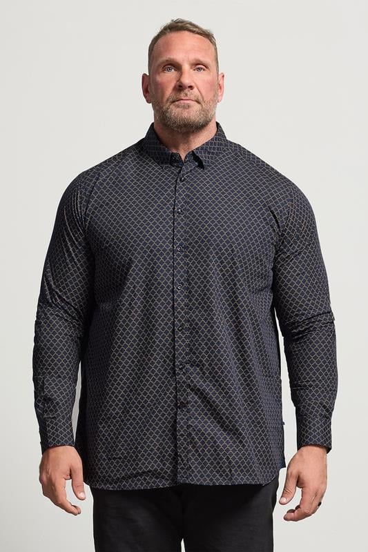 Men's  D555 Big & Tall Navy Blue & Gold Geometric Print Shirt