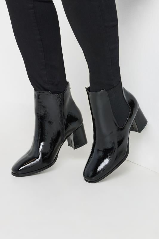 Black Patent Block Heel Chelsea Boots In Extra Wide EEE Fit | Yours Clothing  1