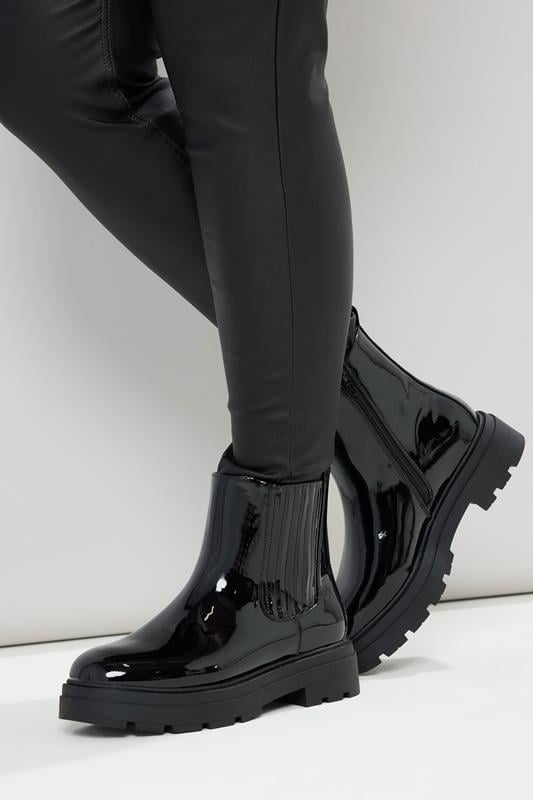 Black Patent Chunky Chelsea Boots In Extra Wide EEE Fit | Yours Clothing 1