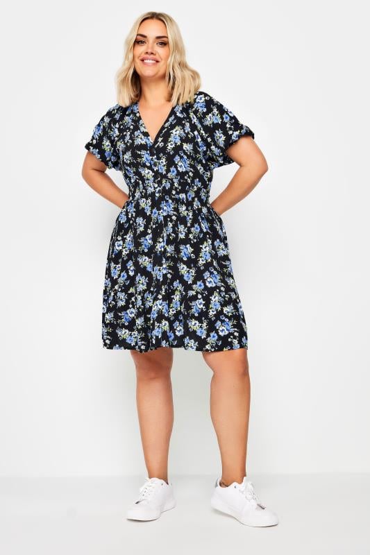 YOURS Plus Size Blue Floral Print Button Through Dress | Yours Curve  1