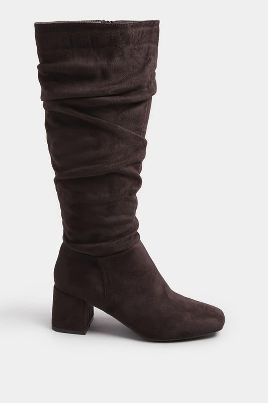 Chocolate Brown Faux Suede Ruched Knee High Boots In Standard Fit | Yours Clothing 3