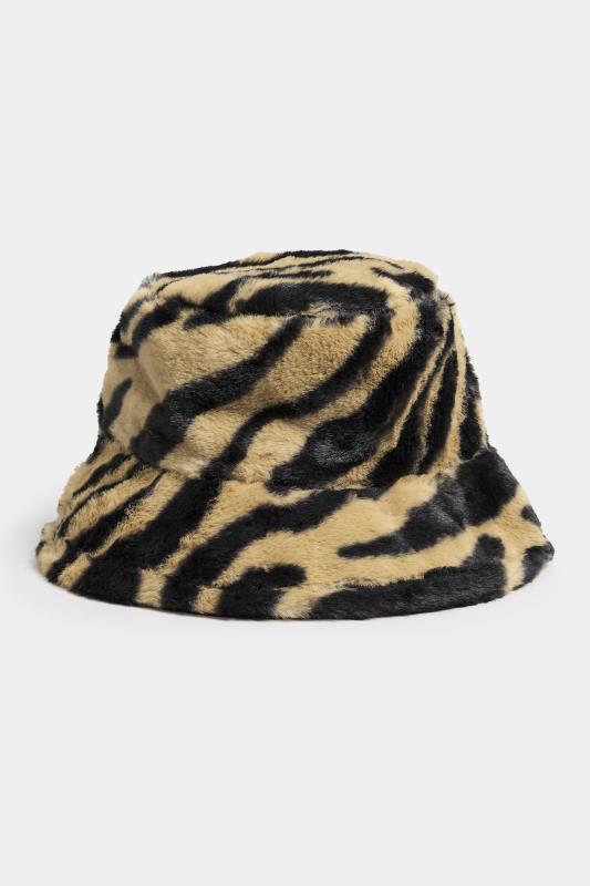 Beige Brown Zebra Print Faux Fur Bucket Hat | Yours Clothing 2