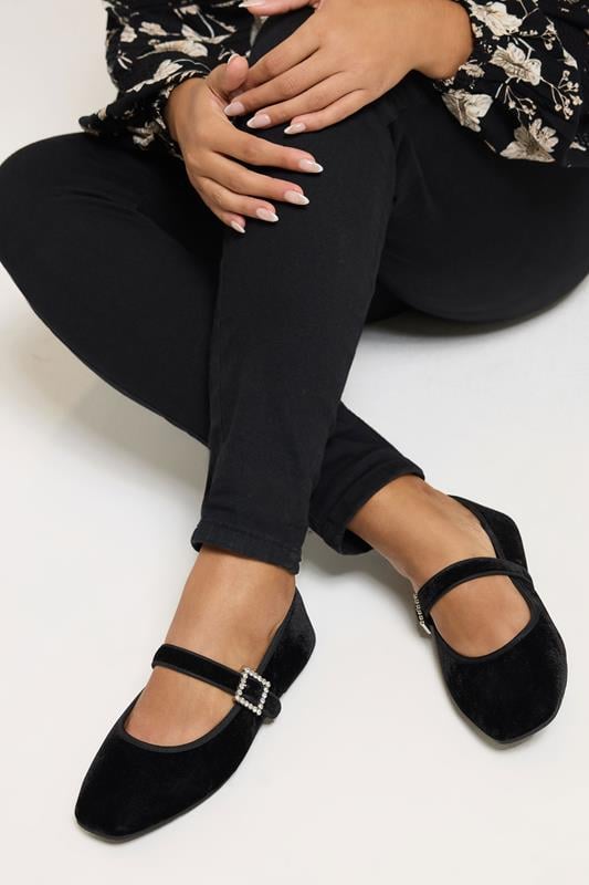 Black Velvet Diamante Buckle Mary Janes In Extra Wide EEE Fit | Yours Clothing 1