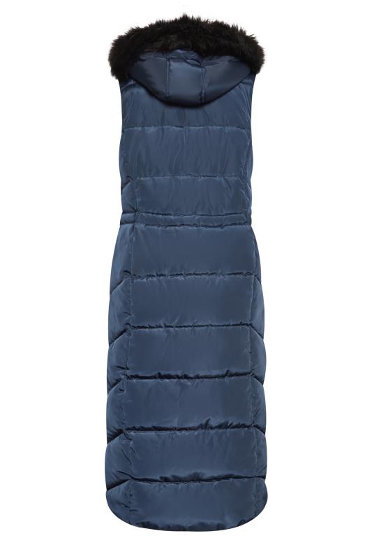 LTS Tall Navy Blue Faux Fur Trim Hooded Midi Gilet | Long Tall Sally 8
