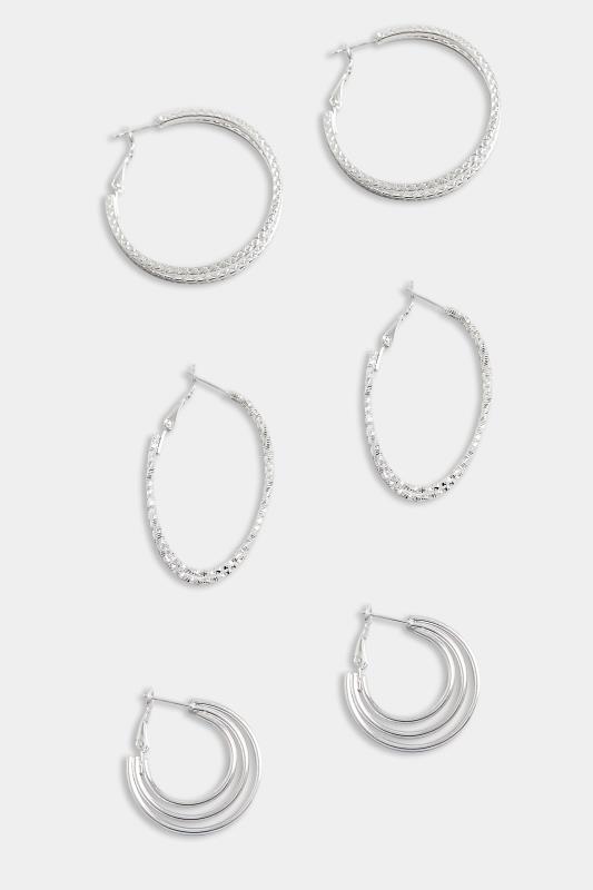 3 PACK Silver Tone Textured Hoop Earring Set | Yours Clothing 3